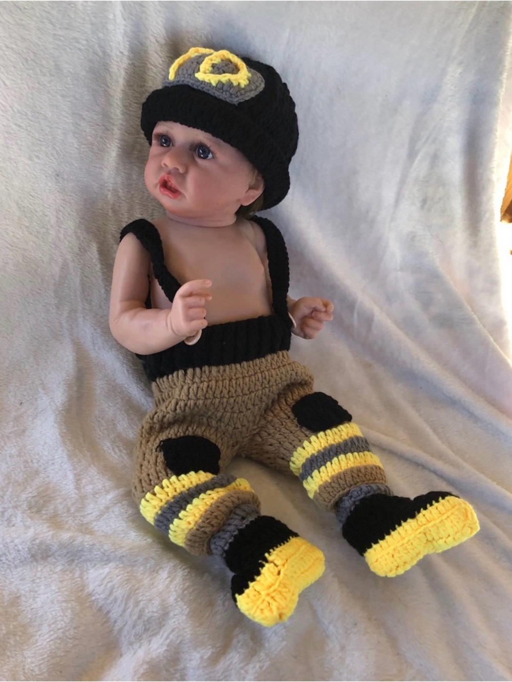 Newborn to 4 months or so baby crocheted firefighter outfit costume